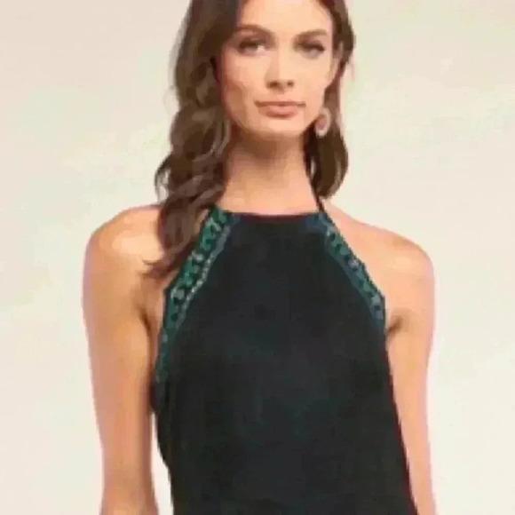 BLACK SUEDE Eyelet Embroidered Trim Self-Tie Halter Neck Open Back Jumpsuit - Picture 2 of 8